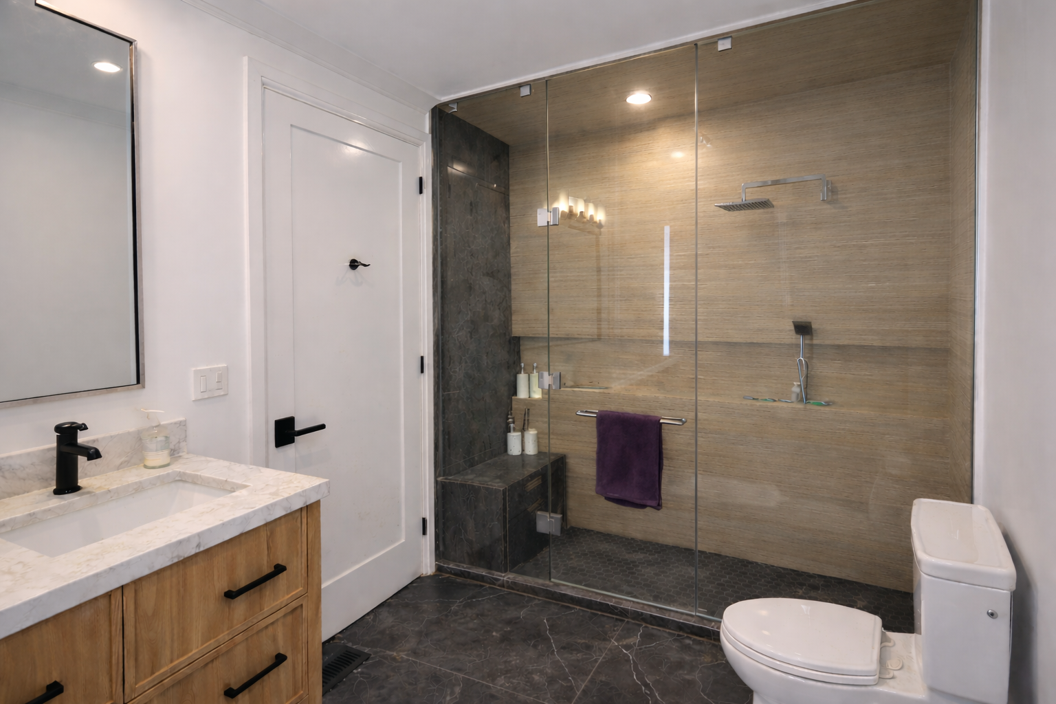 Deep cleaning of glass, fixtures, and surfaces to restore a clean, fresh bathroom look. - After