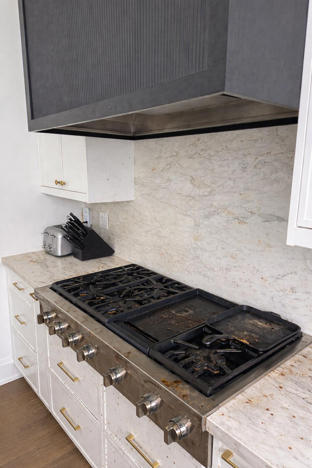 Stubborn grease and buildup removed for a spotless, hygienic cooking space. - Before